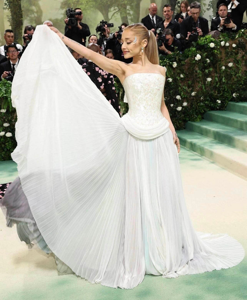 ariana grande wears basque waist wedding dress