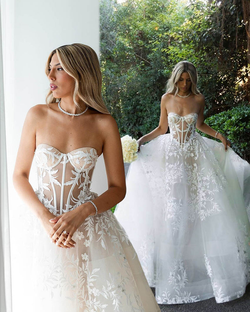 basque waist exposed boning corset wedding dress