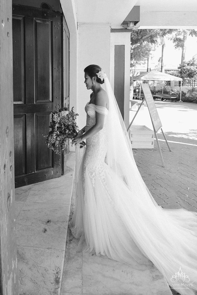 beautiful bride in church wedding dress