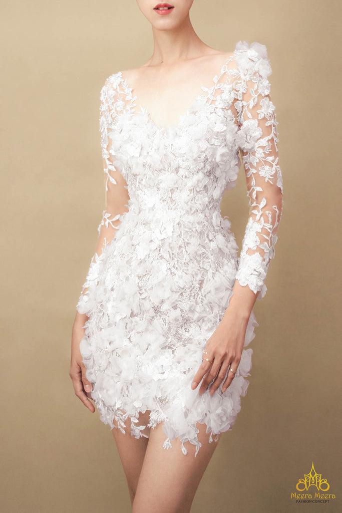 đầm cưới ngắn mini dress đính hoa 3D
