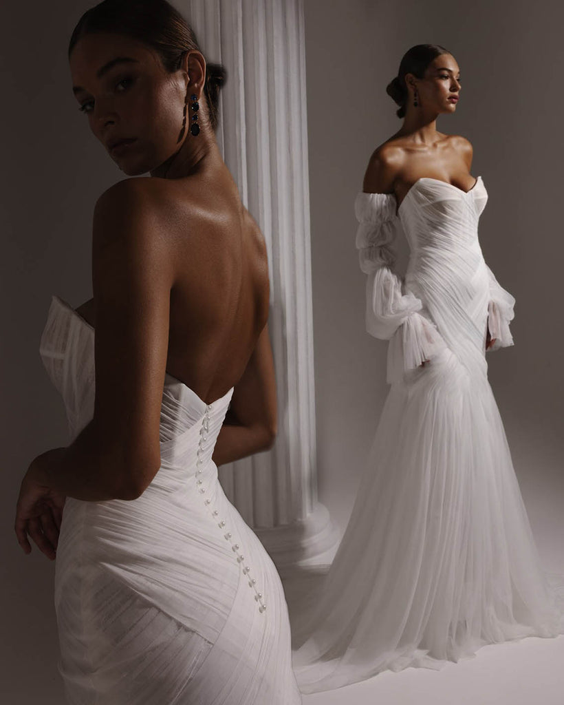 draped tulle and lace wedding gown spring 2025