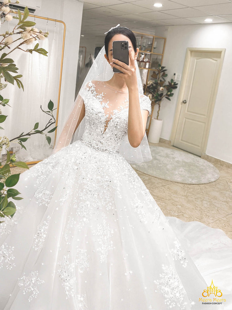 embroidered indoor wedding gown