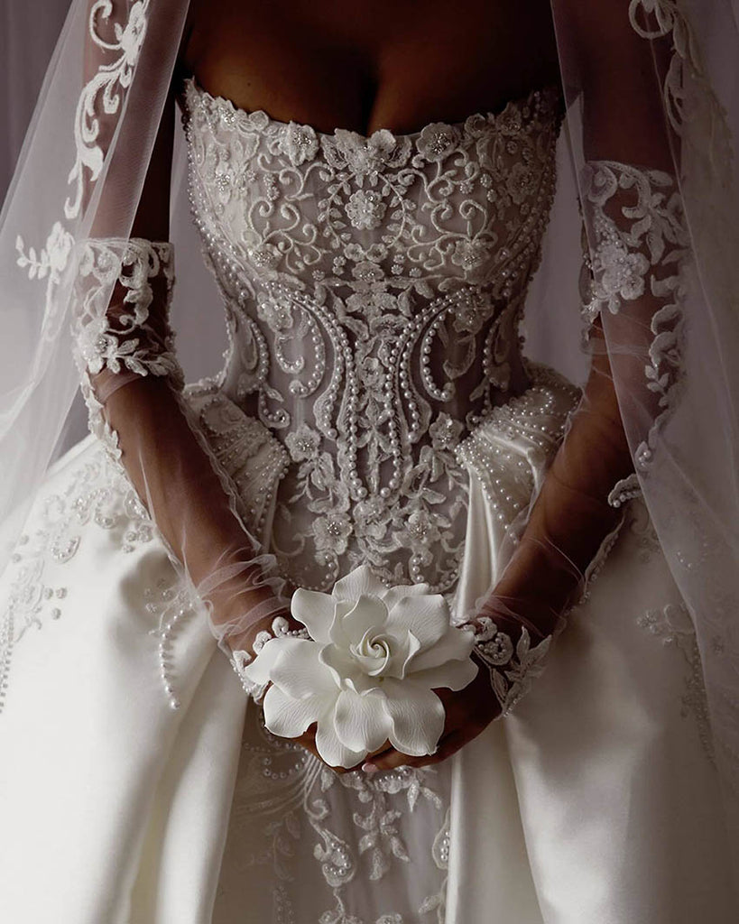 pearl and lace corset wedding gown