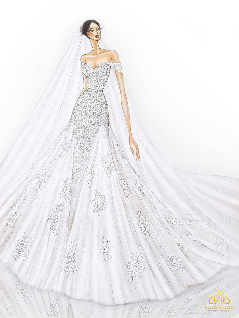 fit and flare wedding dress sketch by meera meera