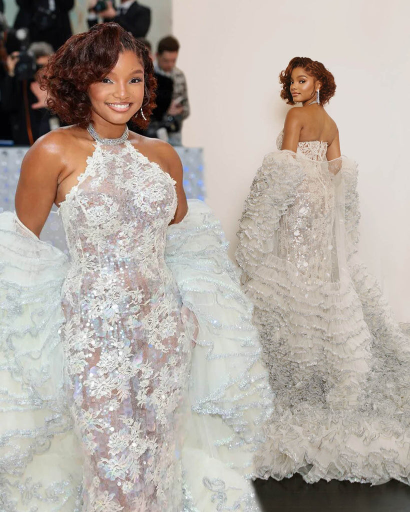 halle bailey in halter neckline wedding gown