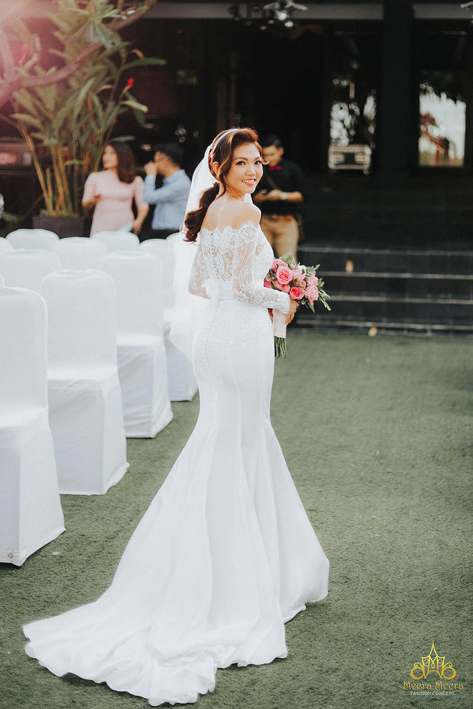hình ảnh cô dâu mặc áo cưới trễ vai meera meera