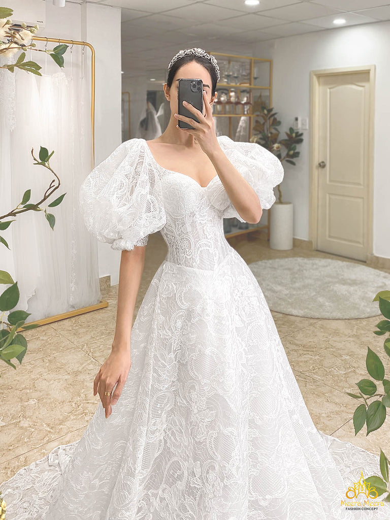 church wedding dress with puff sleeve