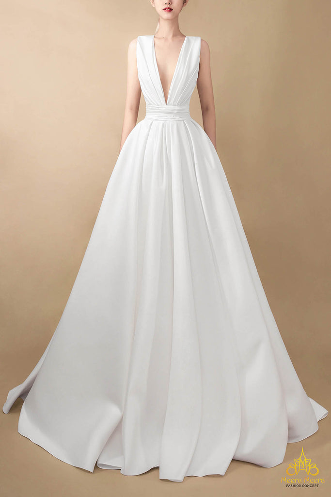 beach wedding dress with deep V neckline