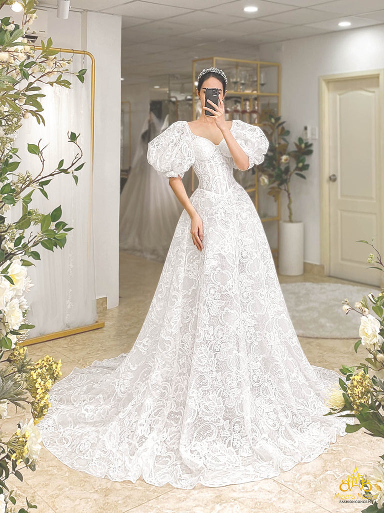 puff sleeve wedding dress for church wedding