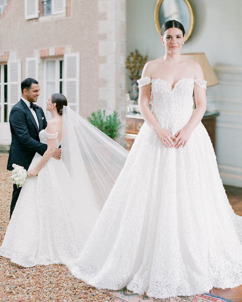 real curvy bride in lace ball gown wedding dress