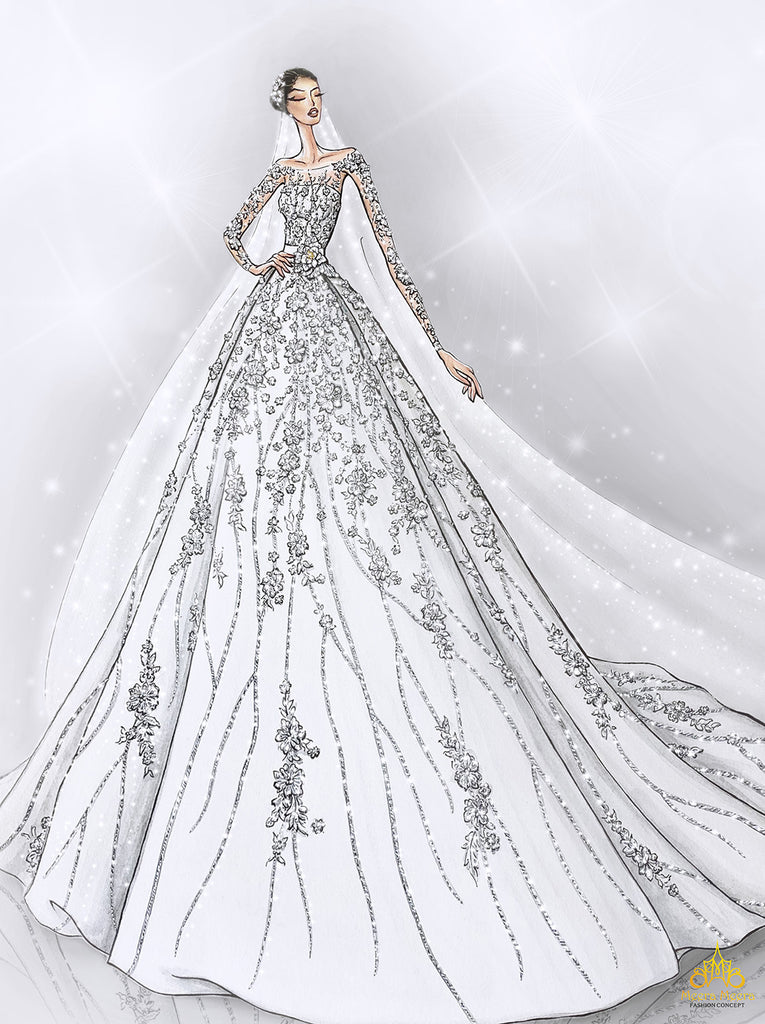 sketch áo cưới chữ A haute couture thiết kế riêng