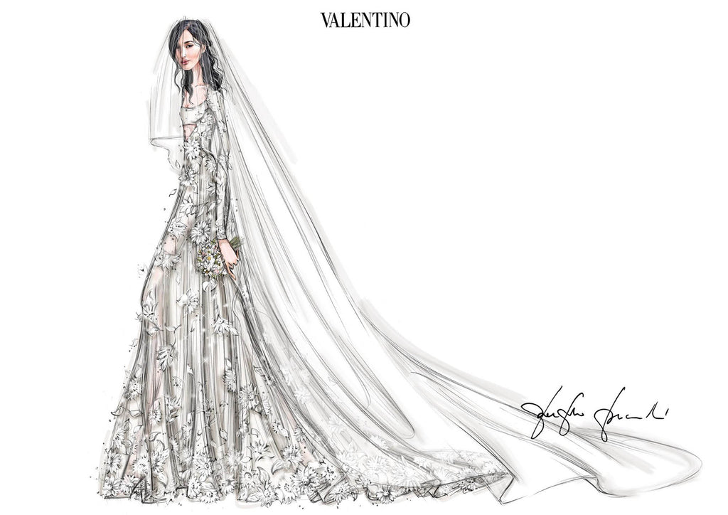 sketch phác thảo thiết kế áo cưới tay dài haute couture