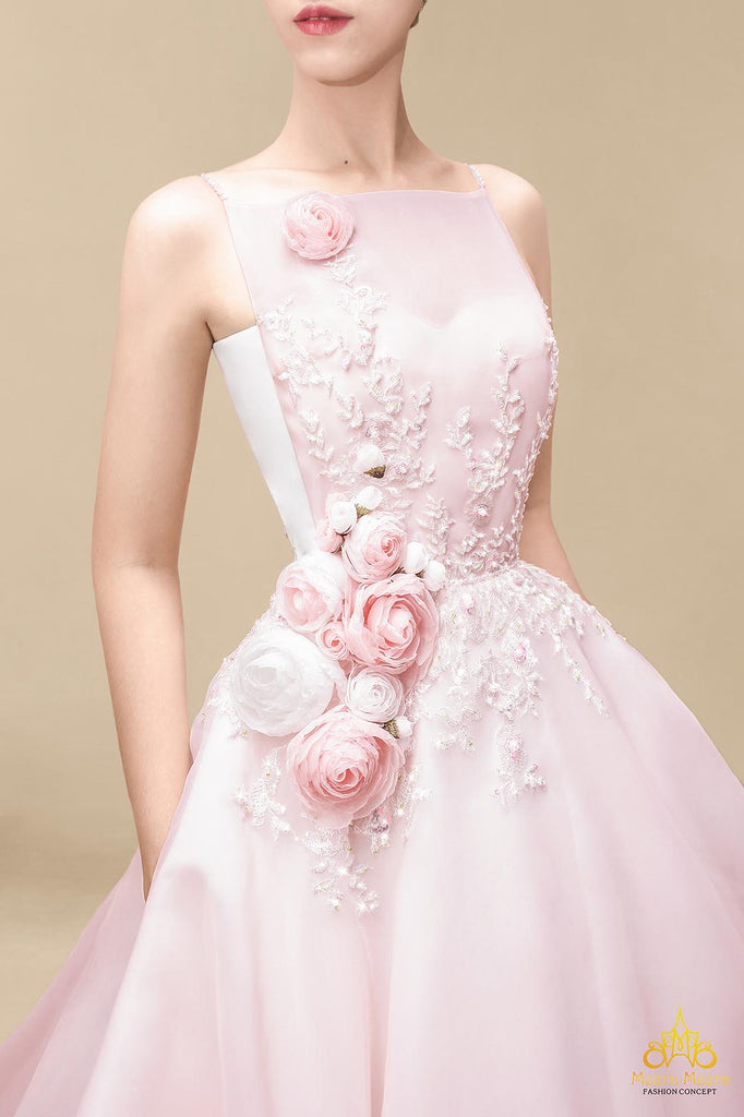 váy cưới voan màu hồng dâu