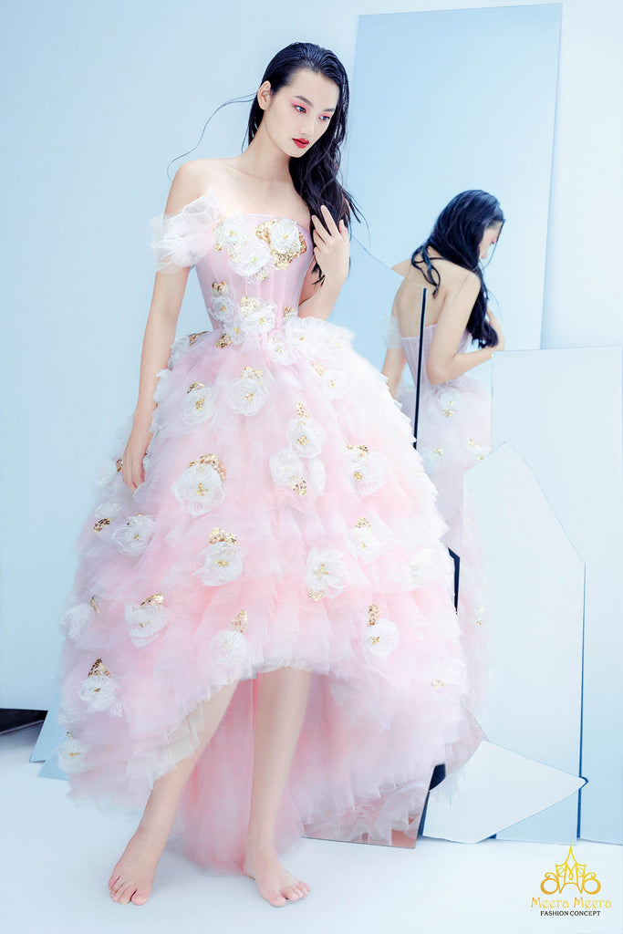 thiết kế váy cưới high low màu hồng