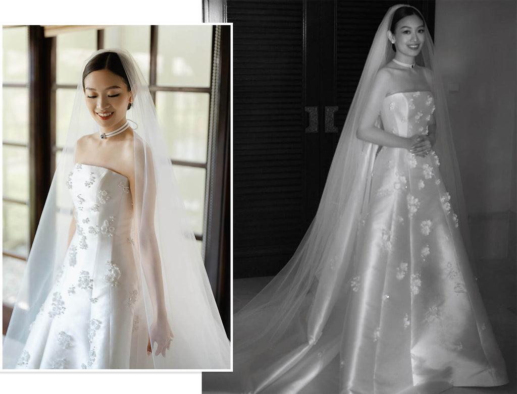 váy cưới satin điểm hoa 3D