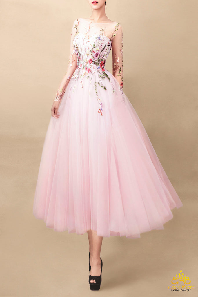 váy cưới midi dress màu hồng dâu điểm ren
