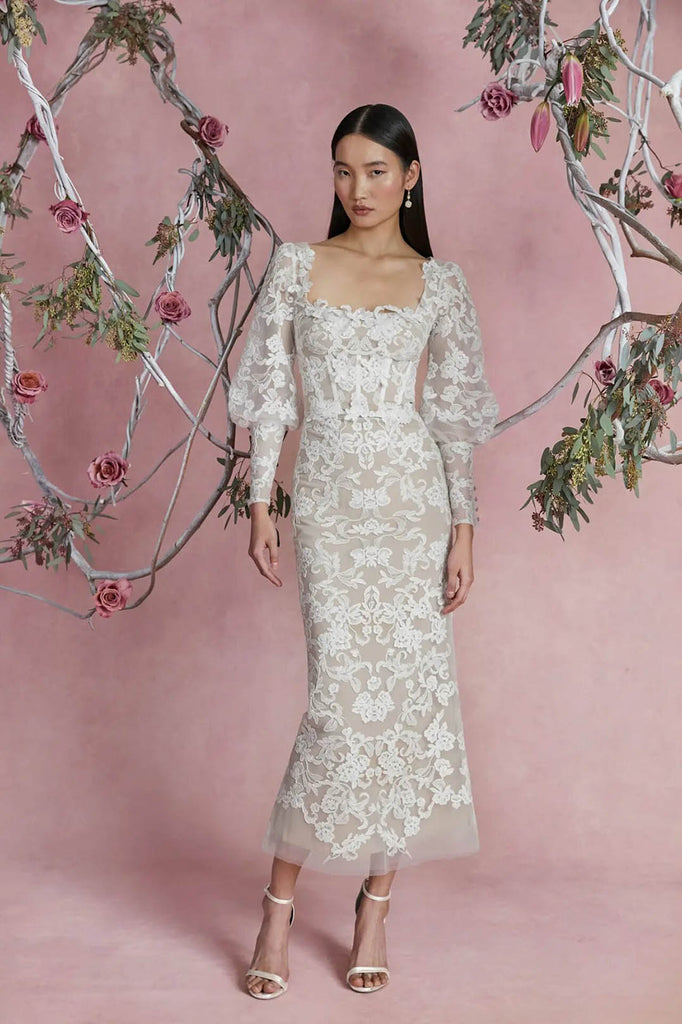 visible corset midi wedding dress with lace puff sleeve