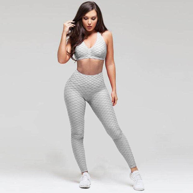 Fashion hips jacquard yoga set sports hips leggings fitness set Jasminesshop Sets Gray / L