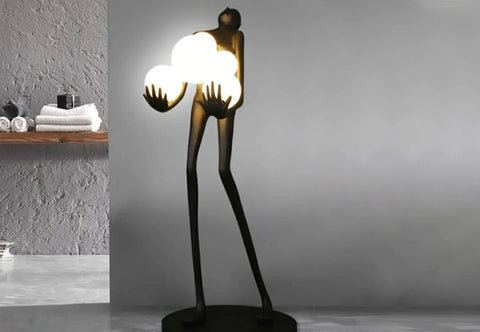 ANKUR BEAUTIFUL BLACK LADY SCULPTURE HOLDING LIGHT GLOBES FLOOR LIGHT