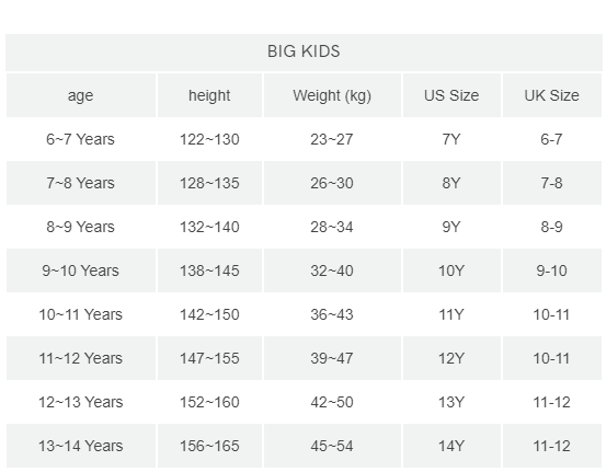 big kid size chart cm