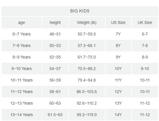 big kid size chart inch