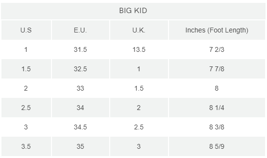 big kid shoe size chart inch