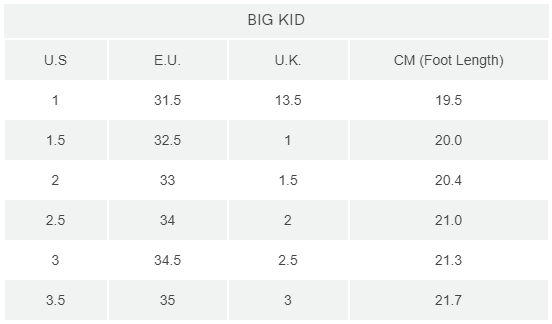 big kid shoe size chart cm