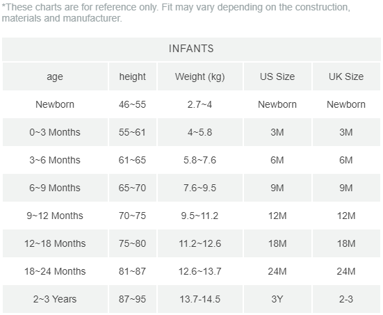 infant size chart cm