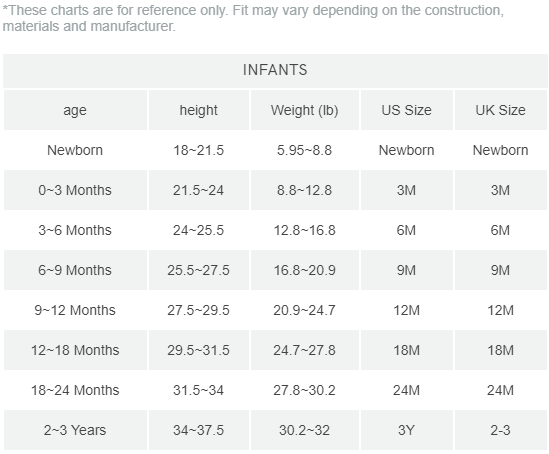 infant size chart inch