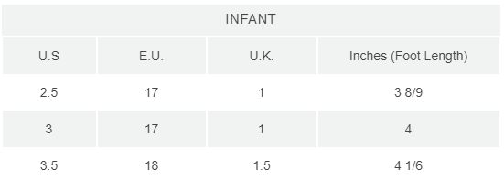 infant shoe size chart inch