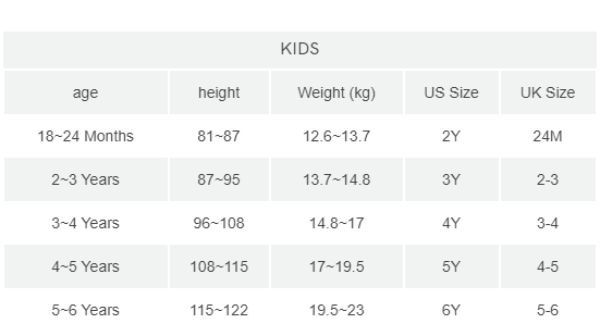 kid size chart cm