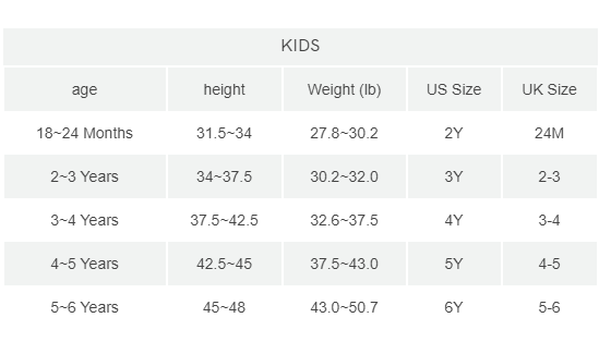 kid size chart inch