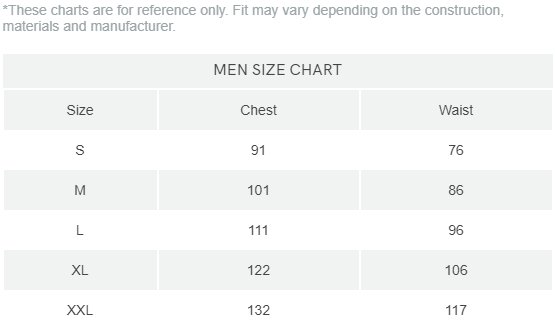 men size chart cm