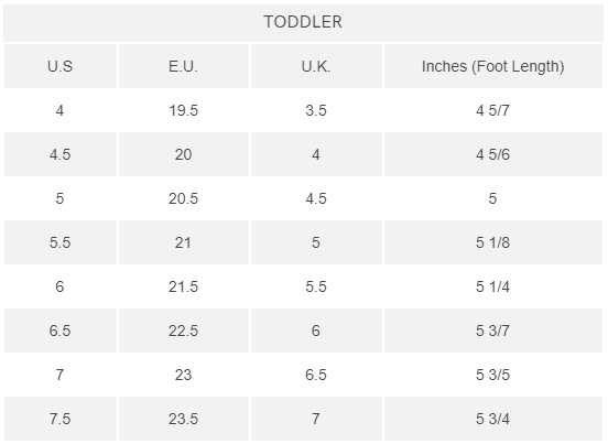 toddler shoe size chart inch 1