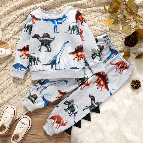 2-piece Toddler Boy Animal Dinosaur Print Pullover and Elasticized Pants Set