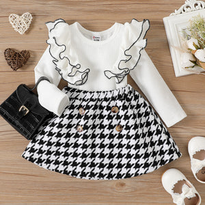 Baby Girl Letter Print White Long-sleeve Splicing Tweed Plaid Dress
