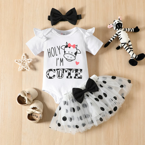 3pcs Baby Girl 95% Cotton Flutter-sleeve Letter Print Top and Mesh Skirt Set