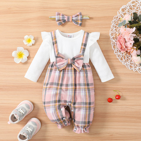 2pcs Baby Girl Solid Textured Bow Front Long-sleeve Romper with Headband Set