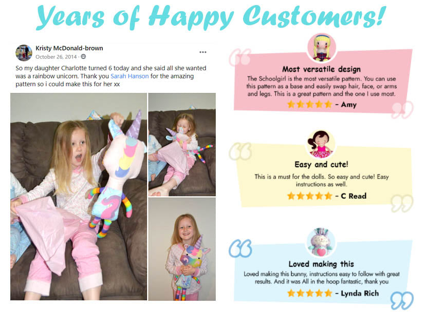 happy customer reviews of sewing and machine embroidery cloth doll and soft toy patterns by dolls and daydreams 