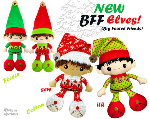 Big Foot Best Friends BFF Christmas Elf on the shelf Doll In The Hoop Machine Embroidery and sewing pdf Pattern Kawaii Cute Xmas Elves