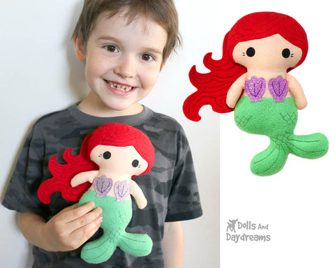 Little Mermaid tiny Cloth Doll Sewing Pattern by Dolls And Daydreams small fabric DIY kawaii cute Princess Ariel plush pdf