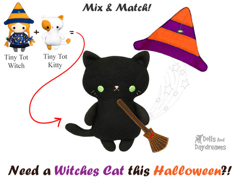 Halloween black witches cat tiny-tot-kitty-sewing-pattern and machine embroidery ITH  pocket sized cat pattern soft toy kids plushie by dolls and daydreams