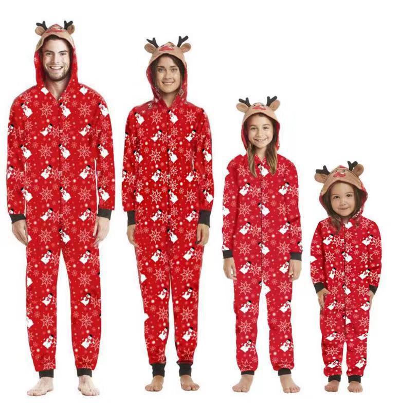 Family Matching Christmas Pajamas Snowman Printing Hooded Adult Pajama Onesie