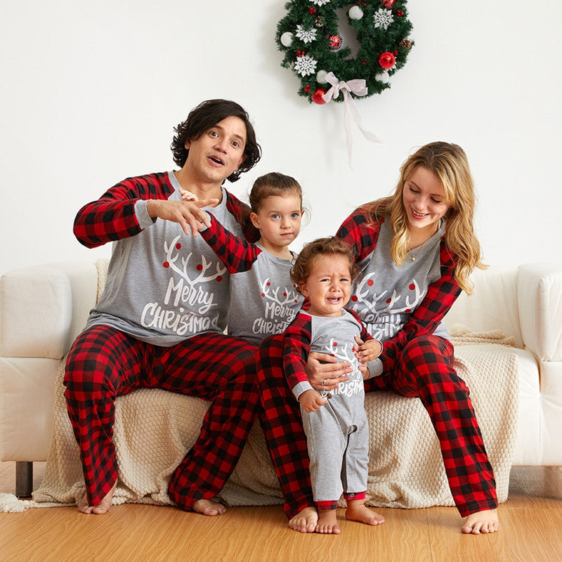 Christmas Family Matching Sleepwear Pajamas Sets White Slogan Bear Top and Plaids Pants