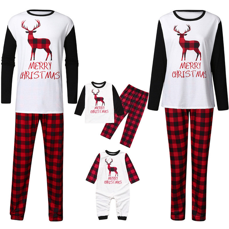Christmas Family Matching Pajamas Sleepwear Sets Christmas Deer Top and Plaids Pants 36