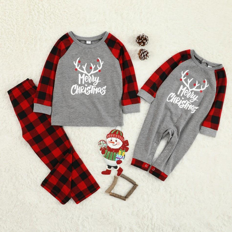 Christmas Family Matching Sleepwear Pajamas Sets White Slogan Bear Top and Plaids Pants