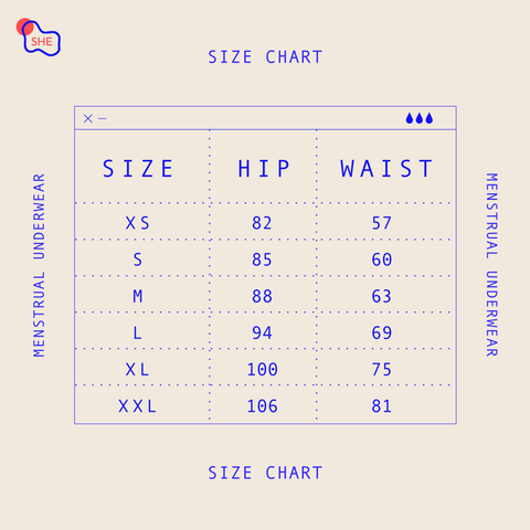 SIZE CHART for Menstrual Period underwear undies panties 