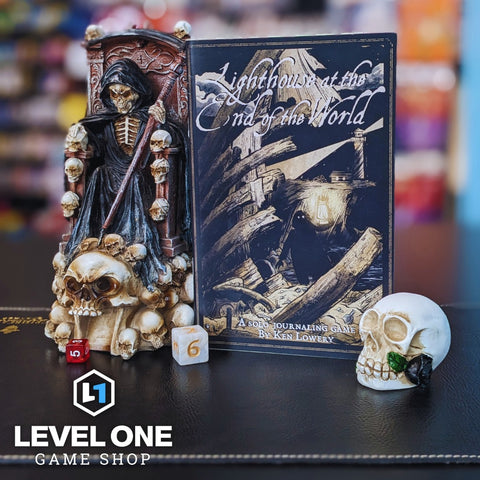 Cover of the tabletop role playing game, Lighthouse at the end of the world next to Grim Reaper dice tower from Forged Gaming.