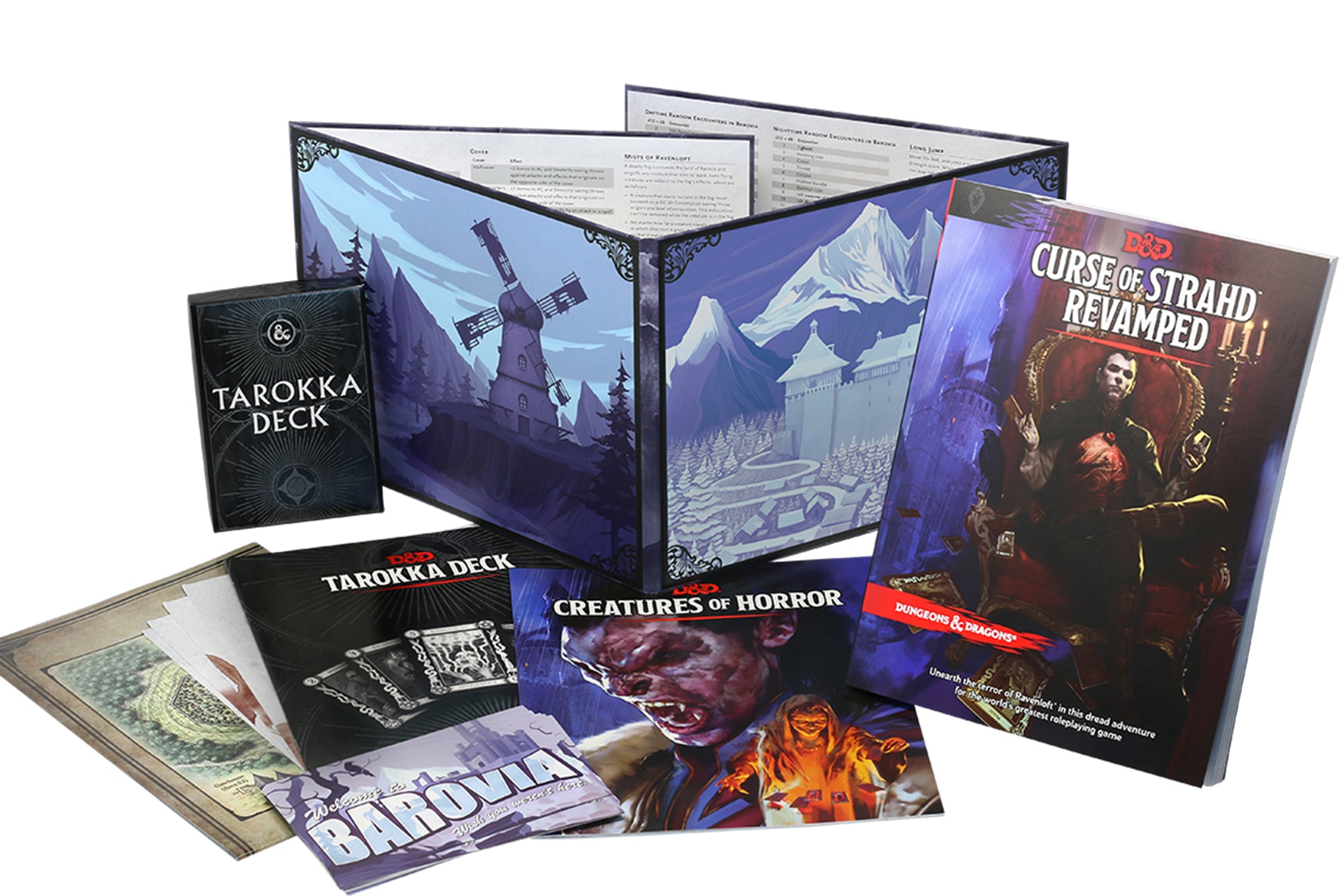 Picture of the contents of the Curse of Strahd Revamped box