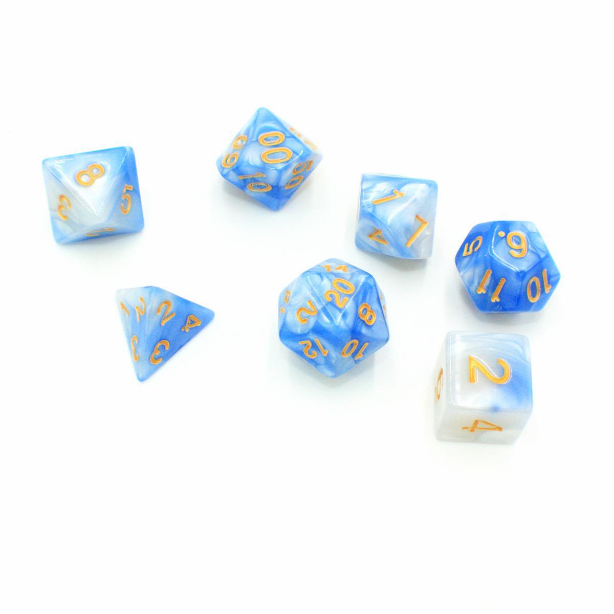 "Blue Macaron" - Light Blue and White Pearlescent with Gold Swirl - Polyhedral Dice (7) - Level One Dice